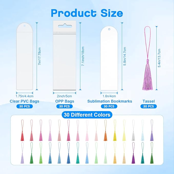 Sublimation Bookmark Blank Double Sided - 30Pcs Metal Bookmark Blanks Bulk + 30 Colors Bookmark Tassels + 30Pcs PVC Self-Sealing Bags, Bookmark Making Kit, for DIY Bookmarks, Book Lovers, Crafts