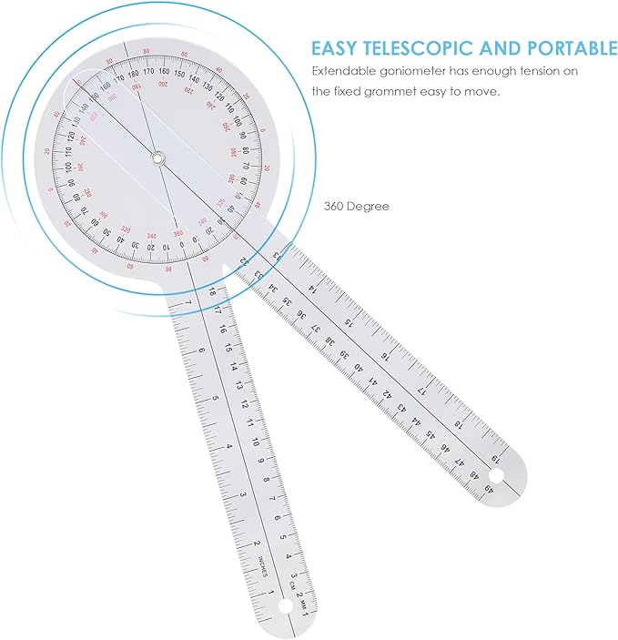 Goniometer Set 3 Pieces of 6/8/12 Inch Occupational Physical Therapy Protractor Tool Measurement Angle Ruler Kit Plastic 360 Degree Universal (3pc)