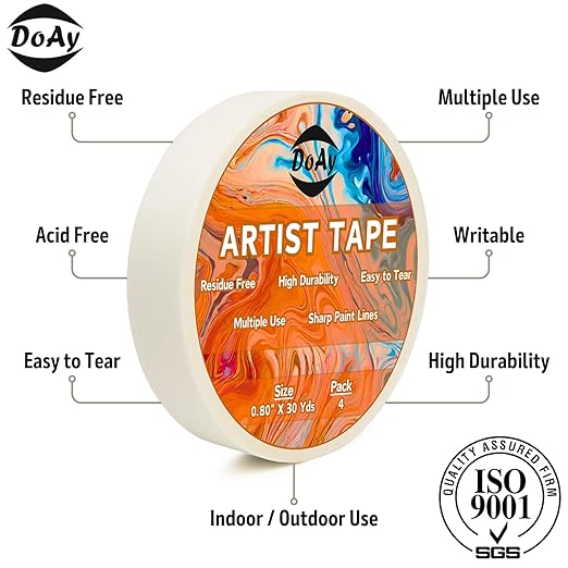 4 Pack White Artist Tape - Art Masking Tape for Watercolor Paper, Canvas Acrylic Painting, Curves, Framing, Paint, Gouache, Console - Acid Free Drafting Tape 0.80" Wide - 360FT Total