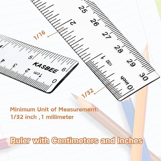 Plastic Rulers, 6 Inch Ruler, 12 Inch Ruler, Clear Ruler with Centimeters and Inches, Straight Plastic Ruler Set for Students School and Office