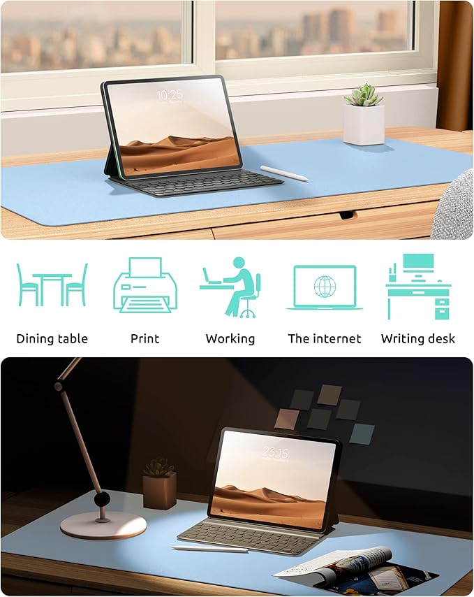 YSAGi Leather Desk Protector, Office Mat, Large Mouse Mat, Non-Slip PU Leather Blotter, Laptop Pad, Waterproof Writing Pad for Office and Home (Baby Blue, 35.4" x 17")