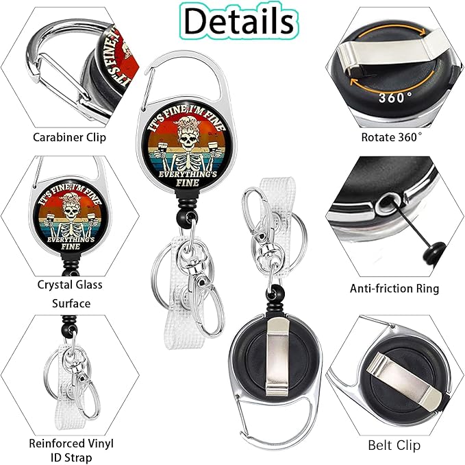 It's Fine I'm Fine Everything's Fine Funny Badge Reel Holder Retractable Heavy Duty with 360° Swivel Carabiner Belt Clip, Nurse Nursing Teacher Retractable Keychain ID Clip ID Holder Name Badge Clip