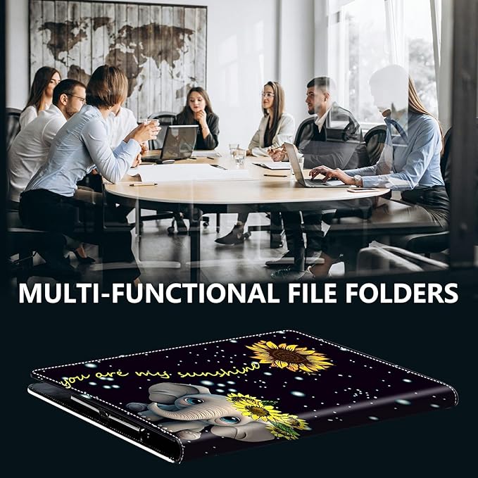 PU Leather Padfolio Clipboard Notepad with Pen Loop and Elastic Strap Interview/Resume Document Organizer for Business School Office,Elephant Sunflower