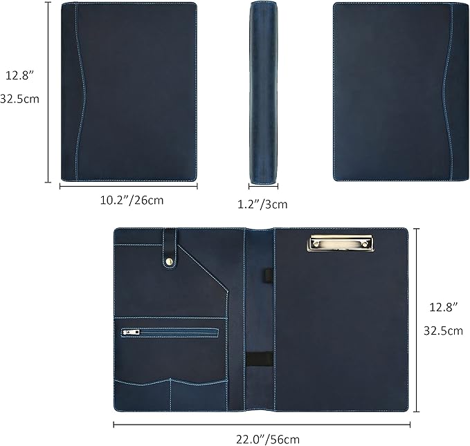 Personalized Leather Portfolio for Men, Engraved Leather Clipboard Portfolio Binder, Custom Leather Resume Padfolio for Women, Christmas Gift for His/Her (Clipboard, Blue-Custom)