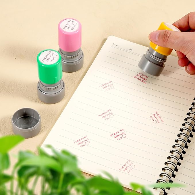 3pcs Pleasure Serving You Stamps, Server Stamps for Checks Stationery Stamp Self Ink Stamp for Service Work (Pink, Green, Yellow)