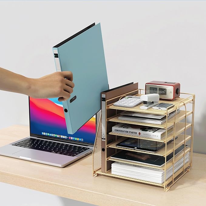 gianotter Desk Organizers and Accessories, 6-Tier Paper Organizer with Magazine rack, File Organizer for Desk, Office Accessories & Workspace (Gold)