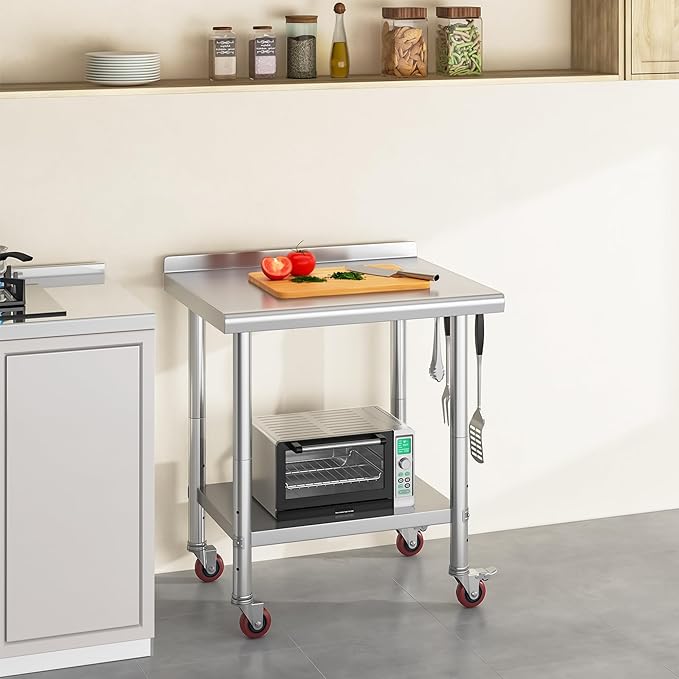 YITAHOME 30" x 24" Stainless Steel Table with Wheels for Prep & Work with Backsplash, NSF Metal Table Prep Table with Undershelf for Home Kitchen Restaurant Garage Warehouse