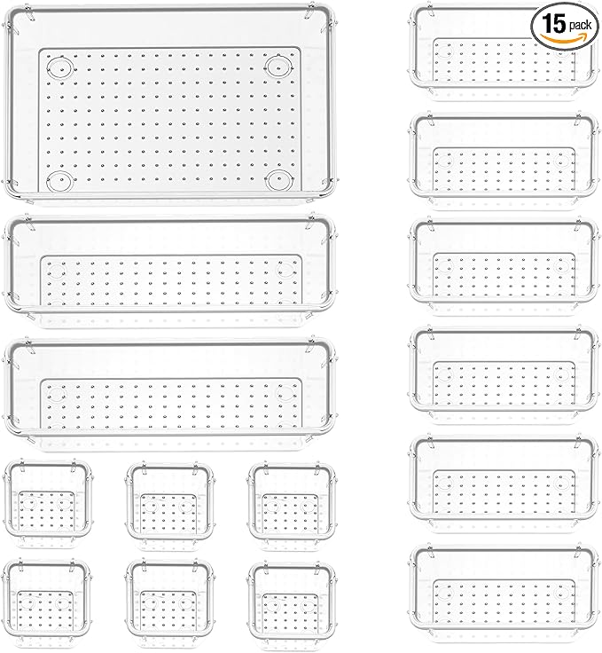 ZMS ZMS Bathroom Organizers and Storage (15 pcs) - 4-Size Multi Compartments Shallow Makeup Drawer Organizer for Kitchen Utensils & Office Accessories | Unbreakable Drawer Trays Bins for Organization