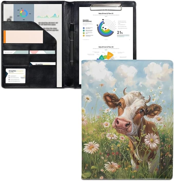 Office Folder Cow Daisy Print PU Leather Padfolio with A4 Size Clipboard Clip for Business Resume Interview Document Sleeve Binder Folder for Men/Women