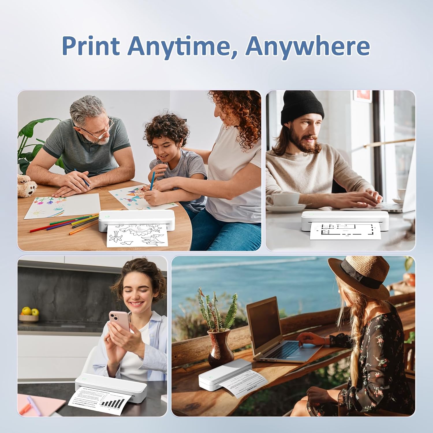 Inkless Portable Printer for Travel, Wireless Thermal Printer Supports 8.5 x 11 Inch US Letter Size, Bluetooth Machine Includes Carry Case and 3 Rolls of Thermal Paper Kit, White