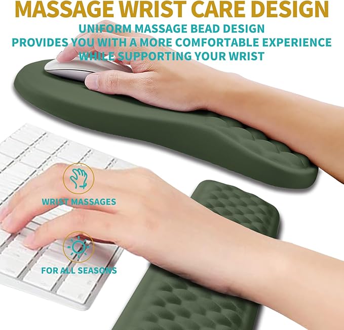 Hokafenle 2 in 1 Ergonomic Mouse Pad Wrist Support & Wrist Rest for Computer Keyboard Set, with Relieve Carpal Tunnel Pain Massage Bulge and Full Memory Gel Design (2In1 Set, Dark Green)