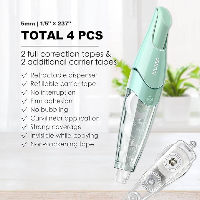 Refillable Retractable White Correction Tape, Pen Shaped White Smooth Pull Out Correction Tape Set, Correction Tape, Japanese Aesthetic Cute Correction Tape for Office Supplies, 4 PCS (ZH-67)