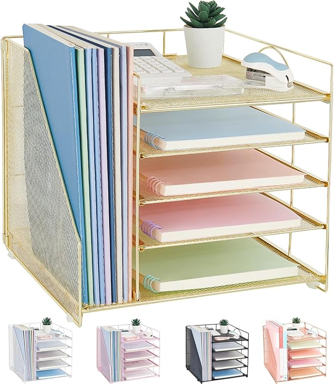 Desk Organizers and Accessories, 5-Tier Paper Letter Tray Organizer with File Holder, Desktop Organizer for Office Supplies, Office Desk Accessories & Workspace (Gold)