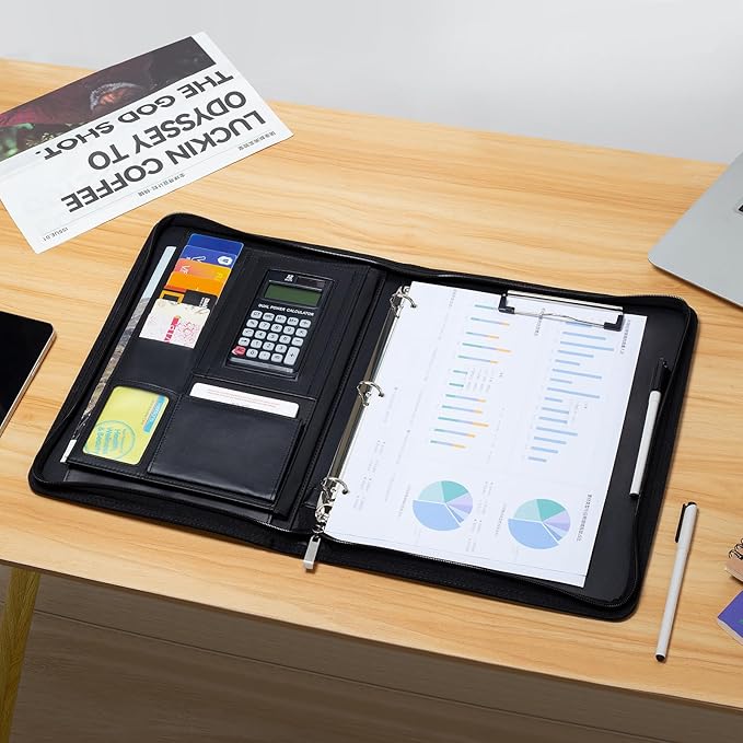 Portfolio Binder - 3 Ring Padfolio with Zipper, PU Business Portfolio Card Holder Tablet Sleeve A4 Writing Pad Clipboard, Meeting Document Organizer for Men Women 2 Pcs (No Calculator)