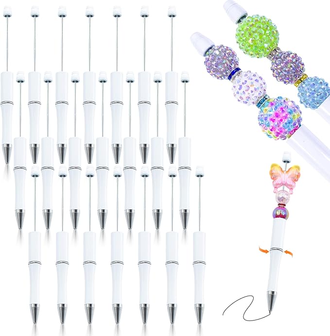 15 Pieces Beadable Pens - Beaded Pens Plastic Diy Black Ink Ballpoint Pens Bulk - Bead Pens Suitable For Teacher, Students, Office, School, Graduation Gift Supplies（White）