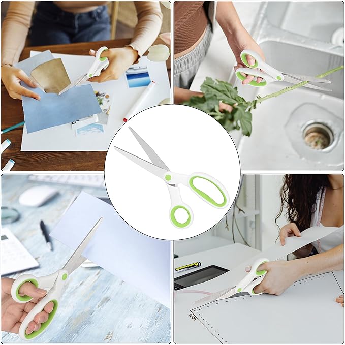 Left Handed Scissors for Adults Student Kids, 8" Heavy Duty Stainless Steel Lefty Scissors for Office, Home, Arts and Crafts, Green and White (2 Pack)