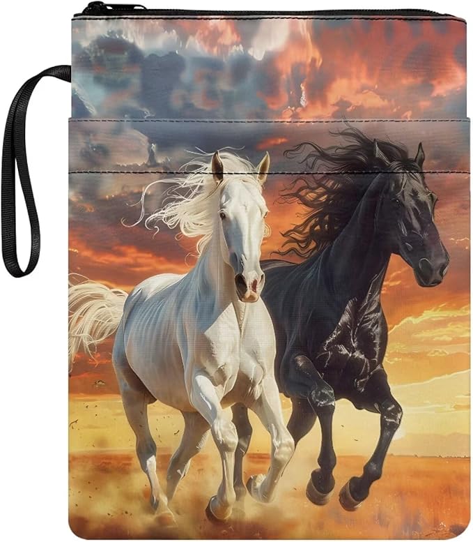 COEQINE Sunset Horse Textbook Cover for Paperbacks 9x11 Portable Book Sleeves with Zipper Portable Book Pouch Protector Book Case with Pen Holder Washable Cute Running Animal