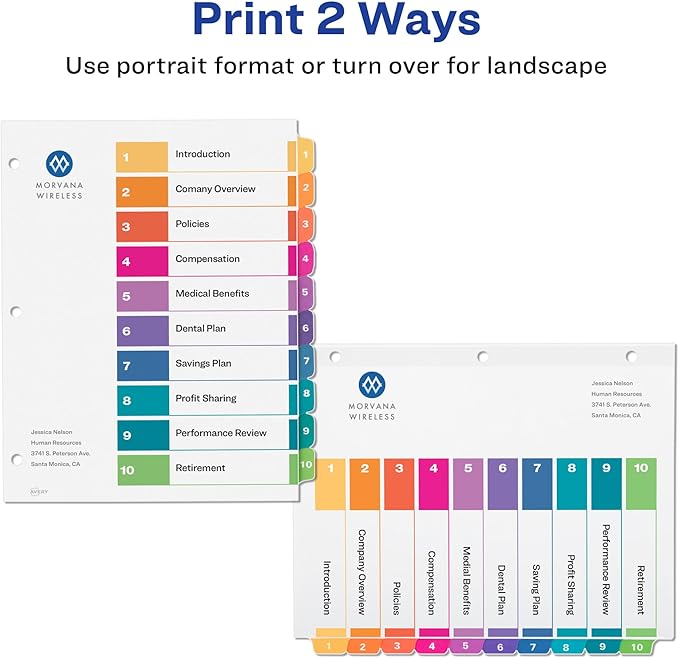 Avery 10 Tab Dividers for 3 Ring Binders, Customizable Table of Contents, Multicolor Tabs, 6 Sets (11188)