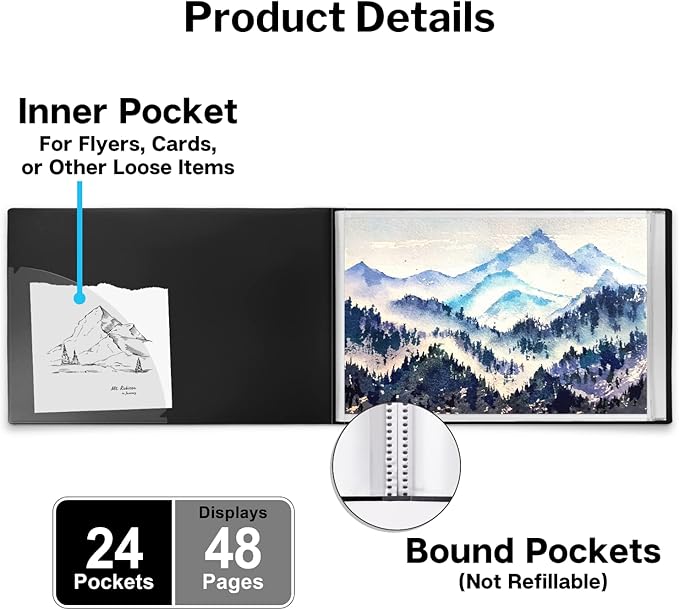 Dunwell 11x17 Portfolio Binder (Black, Horizontal), Presentation Book with 24 Pockets, Large 11 x 17 Art Portfolio Folder, Acid-Free Poly Cover and Sleeves