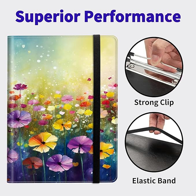 Wildflower Padfolio Folder with Clipboard,Portfolios Organizer Clipboards with Storage Clipboard Writing Pad PU Leather Conference Document Organizer with Business Card Holder