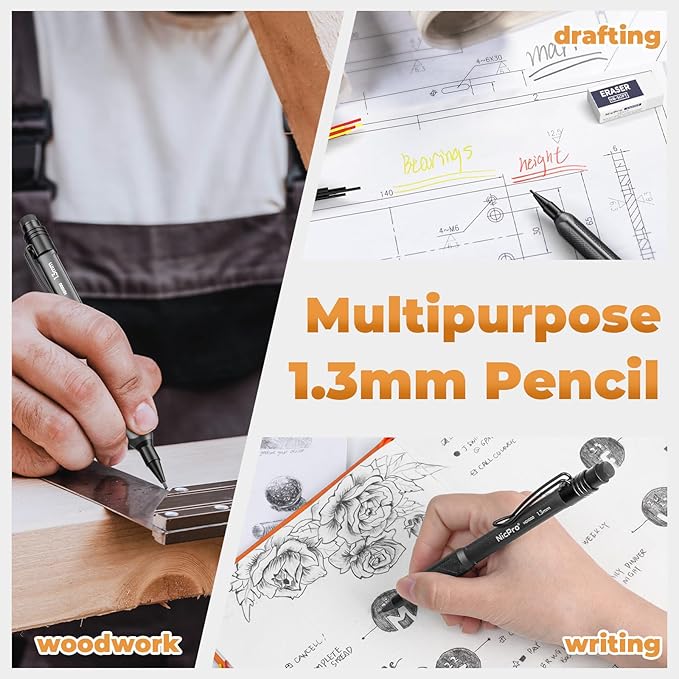 Nicpro 1.3 mm Mechanical Pencils Set with Case,Thick Mechanical Pencil with 24 Lead Refill, Erasers, Weatherproof Metal HD1000 Heavy Duty Carpenter Pencil for Outdoor Marking Drafting Drawing