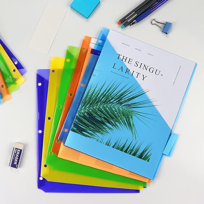 Plastic Binder Dividers with One Front Pocket and Tab Binder Divider for 3 Ring Binder, Multicolor, 10 Pack