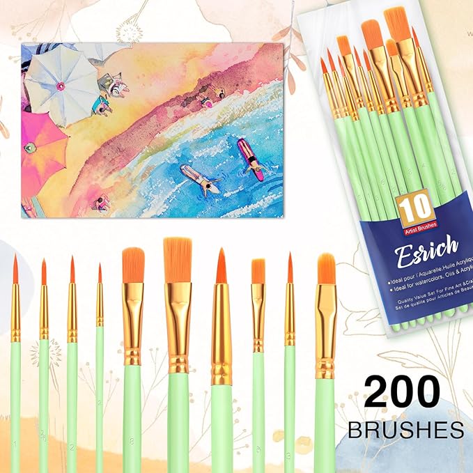 ESRICH Paint Brushes Set,20 Packs 200 Pcs Acrylic Paint Brush Set,St. Patrick's Party Acrylic Oil Watercolor, Face Nail Art, Miniature Detailing,Rock Painting,Painting Artist Professional Kits(Green)