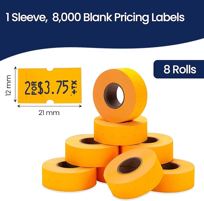 Perco 1 Line Fluorescent Orange Labels - 8 Rolls, 1 Sleeve, 8,000 Blank Price and Date Gun Labels for Perco 1 Line Price and Date Guns - Made in USA