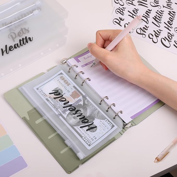 SKYDUE A6 Money Saving Binder, Budget Binder with Cash Envelopes, Savings Book with 12pcs Expense Budget Sheets and Sticky Labels Purple