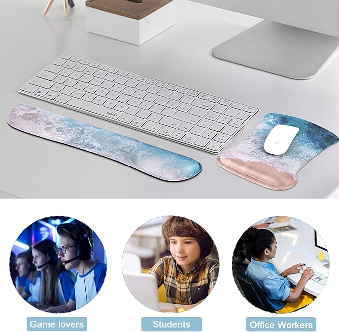 iCasso Keyboard Wrist Rest and Mouse Wrist Rest Pad, Made of Memory Foam, Ergonomic Support, Easy Typing and Relieve Wrist Pain, Perfect for Gaming, Computer, Office, Laptop (C-Beach)
