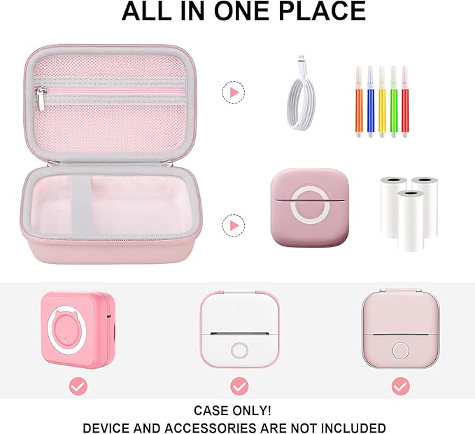 Hard Travel Case for Cabaro Mini Printer Sticker Thermal Printer, Bluetooth Portable Phone Printer Storage Holder Protection Case with Zipper Mesh Pocket fit Rolls Paper, Charging Cable, Pink