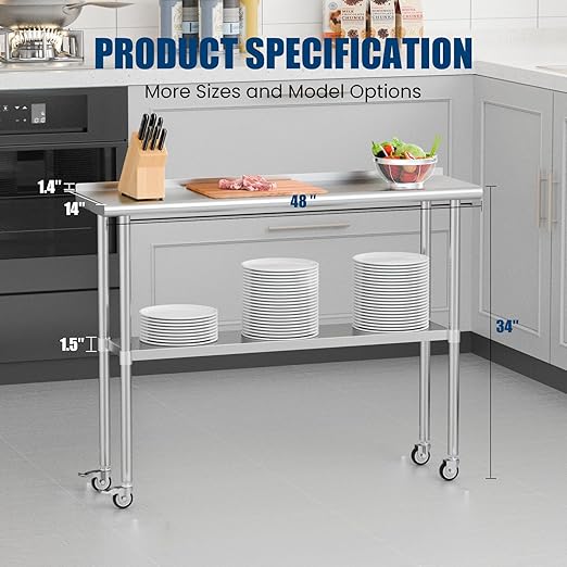 Stainless Steel Table with Wheels 14 x 48 Inches Metal Prep Table with Backsplash & Caster, Adjustable Undershelf for Commercial Kitchen, Outdoor, Restaurant, Hotel & Garage