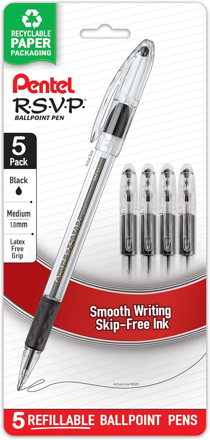 Pentel RSVP Ballpoint Pen, (1.0mm), Medium Line, Black Ink, Pack of 5 (BK91BP5A)