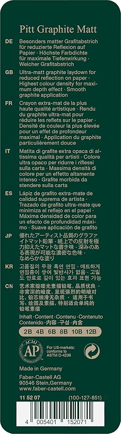 Faber-Castell Pitt Graphite Matte Pencil Set, Metal Tin of 6 Graphite Pencils, Sketching and Drawing Pencil Set (B, 4B, 6B, 8B, 10B, 12B)