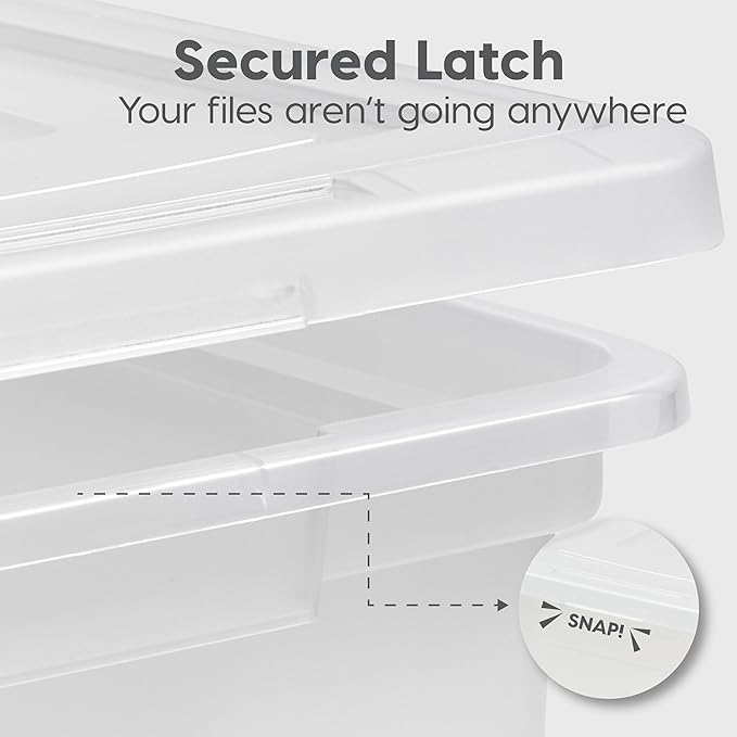 IRIS USA File Box File Organizer Plastic File Box for Letter/Legal File, BPA-Free Plastic Storage Bin Tote Organizer with Durable and Secure Latching Lid, Stackable, Nestable, Pearl 35 Qt. 4 Pack