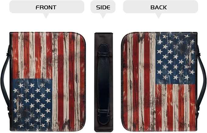 Lotusorchid American Flag Print Bible Case for Men, Zippered PU Bible Book Cover with Handle Pocket Portable Bible Cover Case Bible Cover Carrier Carrying Organizer Bag for Women, L