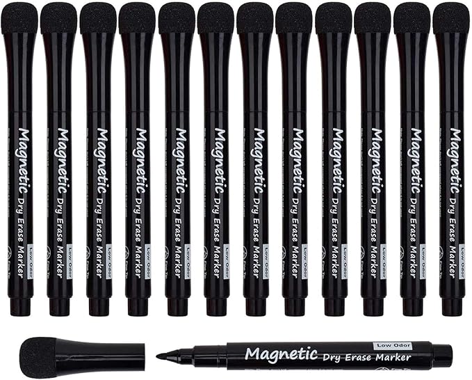 Magnetic Dry Erase Markers - Fine Tip, Black Color, 12 Pack, Low Odor Whiteboard Markers for Kids & School, Work On White board & Calendar, Refrigerator