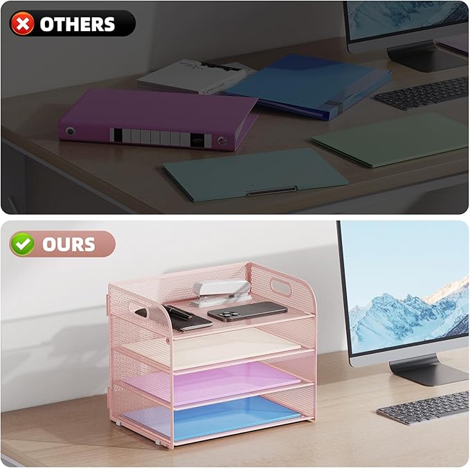 Marbrasse 4 Tier Paper Organizer Letter Tray - Mesh Desk File Organizer with Handle, Paper Sorter Organizer for Letter/A4 Office File Folder Holder (Pink, 12.6" x 9.1" x 10.7")