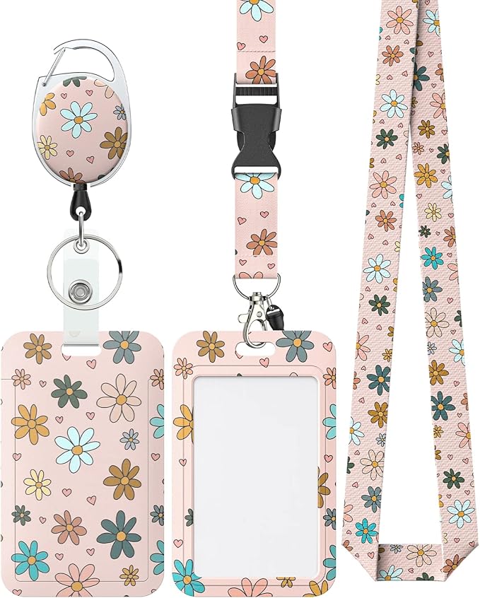 Uniclife Floral Sliding Badge Holder Colorful Flower Plastic Case with Retractable Badge Reel Carabiner Clip and Detachable Lanyard Strap Fashionable Vertical Card Protector for Women Teacher Student