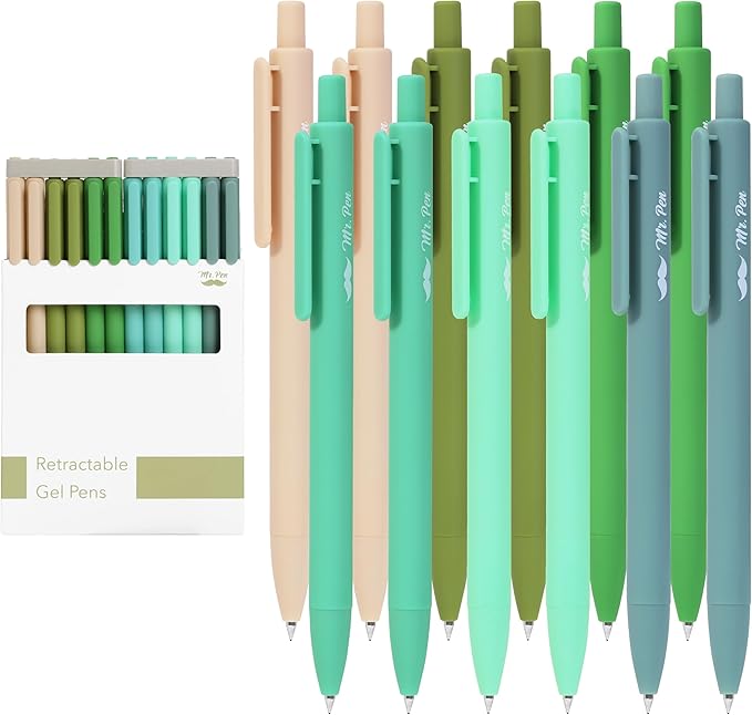 Mr. Pen- Retractable Gel Pens, 12 Pack, Black Ink, Green Ombre Color Barrel Gel Pens, Gel Pens Fine Point 0.5mm, Retractable Pens, Cute Pens, Gel Ink Pens, Aesthetic Pens for Journaling Fine Tip Pens