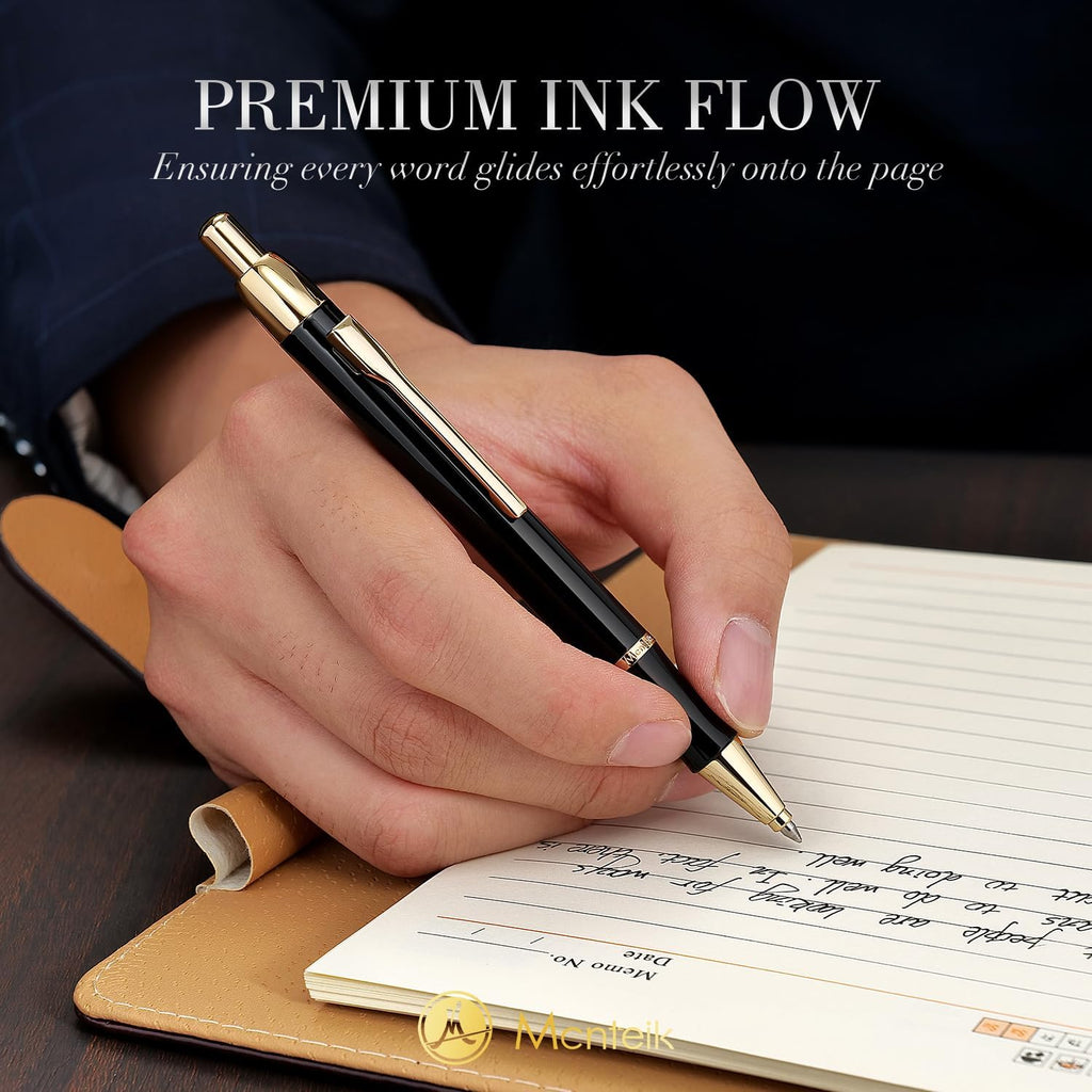 Black Gel Pen With 24K Gold Finish, Fine lacquer work, Best Men's And Women's Gift Pen Set, Professional, ADMOK Black Refill, Smooth Writing, Executive, Office, Click, Nice Retractable Pens