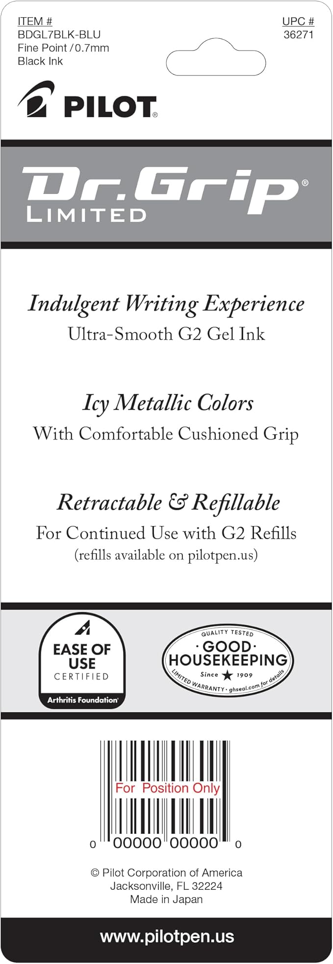 PILOT Dr. Grip Limited Refillable & Retractable Gel Ink Rolling Ball Pen, Fine Point, Metallic Ice Blue Barrel, Black Ink, Single Pen (36271)