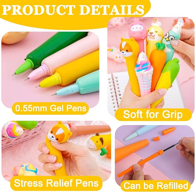 Easter Baskets 24pcs Kawaii Squishy Pen Cute & Fun Pens for Stationary & Cool Pens for Teenage Gifts for Tweens Back to School Supplies
