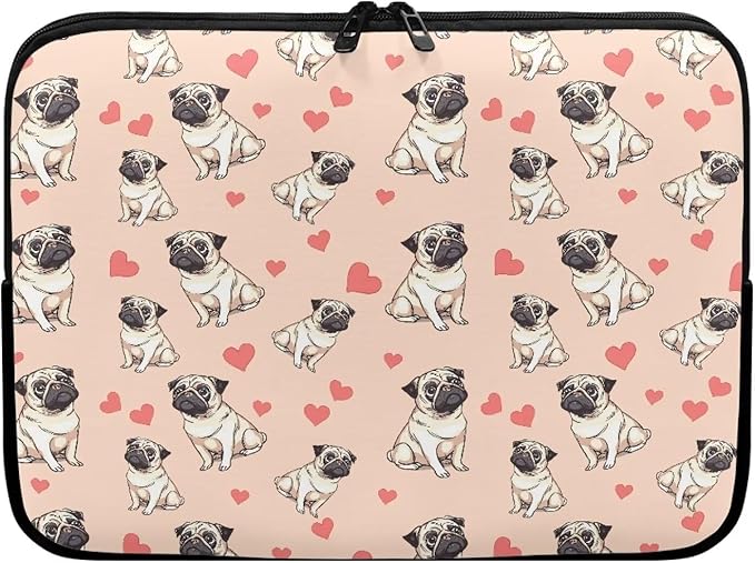 Pug Dog Printed Computer Bags for Laptops for Women, Heart Pattern Computer Carrying Cover Laptop Briefcase, 10 Inch Water Resistant Laptop Case Portable Computer Case Bag