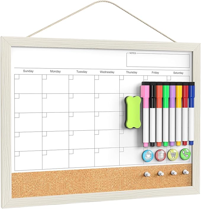 Calendar Whiteboard for Wall, TANKEE 17"x13" Whiteboard Calendar Cork Board Combo, Magnetic White Board Monthly Calendar with Wood Framed, Hanging Dry Erase Board for Kitchen Home Office Planner