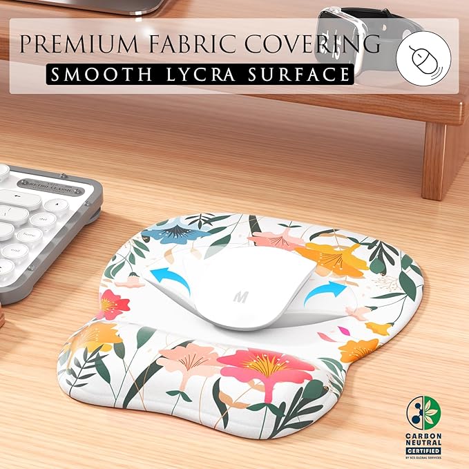 MROCO Ergonomic Mouse Pad with Gel Wrist Rest, Comfortable Mousepad with Smooth Wrist Support Surface and Non-Slip PU Base for Pain Relief, Computer, Laptop, Office & Home, 9.4 x 8.1 in, White Flower