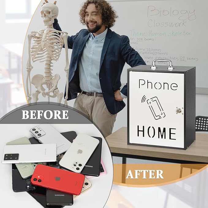 Cell Phone Holder Classroom 36 Slots Wooden Cell Phone Storage Cabinet Pocket Chart with Handle and Security Lock for Classroom Office (36 Grid Cabinet Black)