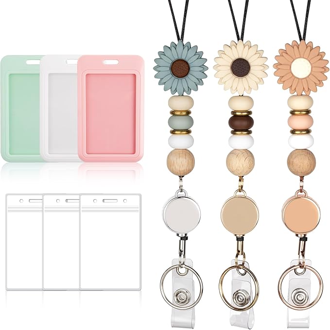 9 in 3 Sets Retractable Lanyard for ID Badge Teacher Lanyard with ID Holder Breakaway Lanyard for Women Nurse Badge Reel Lanyard School Silicone Beaded Lanyard Cute for Women