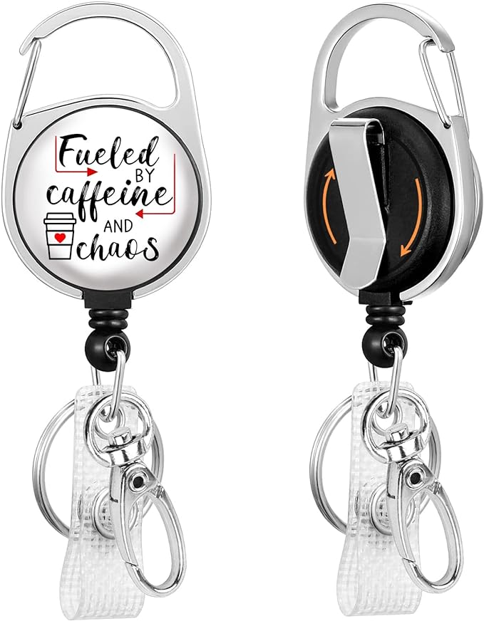 Gctriki Badge Reel Holder Retractable Heavy Duty with 360° Swivel Carabiner Clip, Funny Fueled by Caffeine and Chaos ID Holder Name Badge Clip RN Nurse Medical Badge Reel Retractable Keychain ID Clip