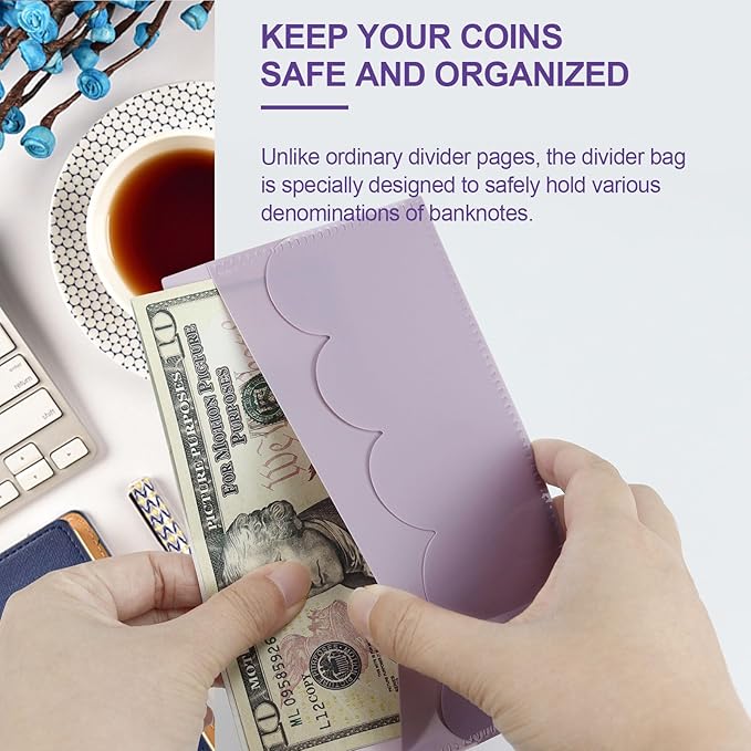 A6 Binder Pockets with No Zipper, Koqye Blue 10 Pcs Plastic Zipless Budget Envelopes, Two Pockets Frosted Cash Envelopes Money Bag for Budgeting, Cash Stuffing (Purple Petals-2set)